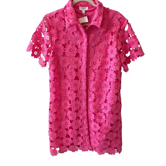 Umgee USA NWT Pink Floral Lace Mini‎ Dress Short Sleeve Shirt Dress Womens Small - Picture 9 of 13